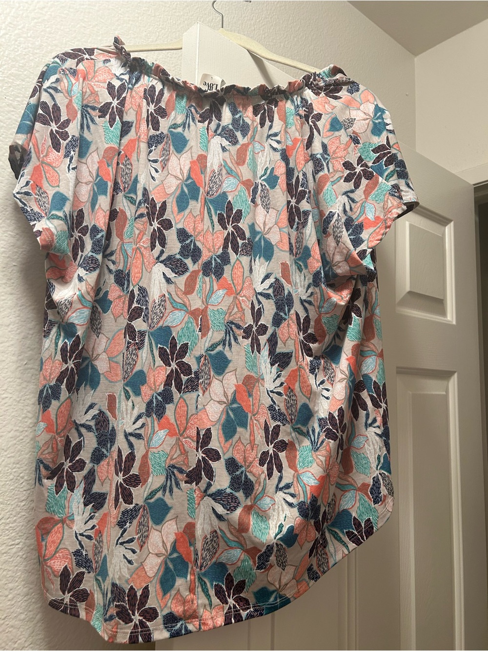 Sew In Love Floral  large Ruffled Neck Blouse in Coral, Teal & Navy